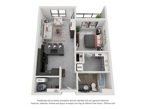 A 3D floor plan of a small apartment with a kitchen, living room, and bedroom.